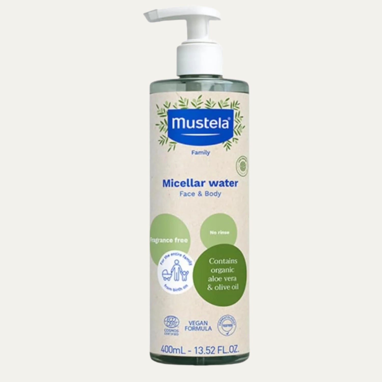 Mustela Certified Organic Micellar Cleansing Water -No-Rinse Natural Water Cleanser W/ Olive Oil & Aloe Vera - for Baby, Kid & Adult - Fragrance Free, EWG Verified & Vegan -13.5 Oz-Packaging May Vary