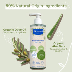 Mustela Certified Organic Micellar Cleansing Water -No-Rinse Natural Water Cleanser W/ Olive Oil & Aloe Vera - for Baby, Kid & Adult - Fragrance Free, EWG Verified & Vegan -13.5 Oz-Packaging May Vary