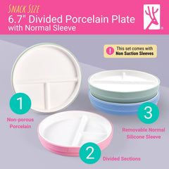 Elk and Friends Kids 6.7” Porcelain Divided Plates with Silicone Sleeves | Suitable for Babies/Kids/Toddlers | Microwave & Dishwasher Safe | Non Slip | Snack Dishes