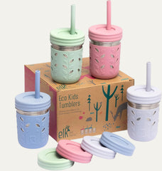 Elk and Friends Stainless Steel Cups | 10 Oz Mason Jar Design | Kids & Toddler Cups with Silicone Sleeves & Straws with Stopper | Smoothie Cups