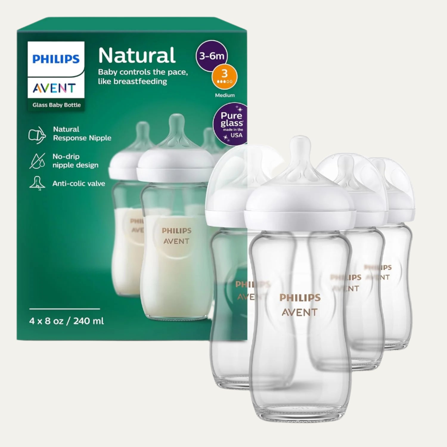 Philips Avent Natural Glass Baby Bottles with Natural Response Nipples (Medium Flow, Flow 3), 8Oz, 4-Pack, SCY913/04