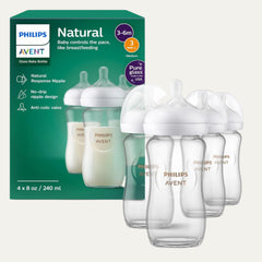 Philips Avent Natural Glass Baby Bottles with Natural Response Nipples (Medium Flow, Flow 3), 8Oz, 4-Pack, SCY913/04