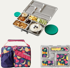 Planetbox Rover Stainless Steel Bento Box Style Lunch Box Kit for Kids with 5 Compartments – Tutti Frutti Edition Includes Insulated Lunch Bag, Leakproof Food Containers and Matching Magnets