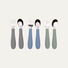 Toddler Utensils, 3 Forks & 3 Spoons, 18/8 Stainless Steel & Food Grade Silicone