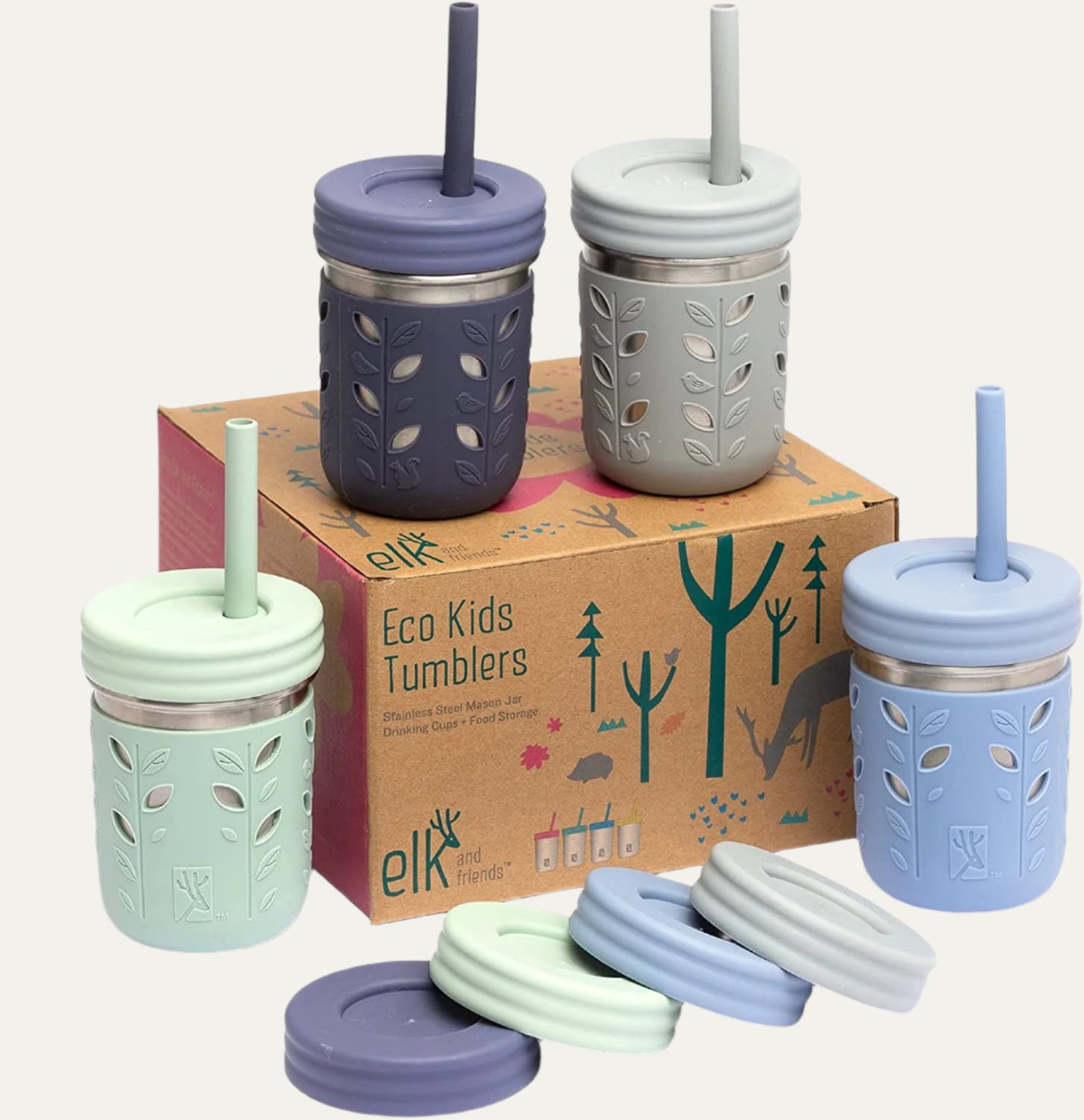 Elk and Friends Stainless Steel Cups | 10 Oz Mason Jar Design | Kids & Toddler Cups with Silicone Sleeves & Straws with Stopper | Smoothie Cups