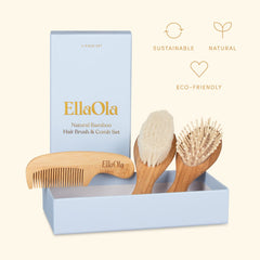 Ellaola Baby Hair Brush & Comb Set from Natural Bamboo - 3 Piece Set with Ultra Soft Bristle Cradle Cap Brush, Massage Hair Brush, Bamboo Comb for Toddlers, Newborns & Infants I Baby Registry Gift