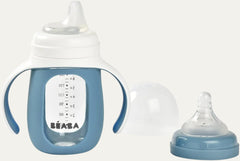 BEABA 2-In-1 Glass Baby Bottle to Glass Training Sippy Cup, Learning Cup, Baby Bottle with Soft Silicone Nipple and Sippy Spout, Baby, Toddler 7 Oz (Rain)