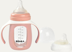 BEABA 2-In-1 Glass Baby Bottle to Glass Training Sippy Cup, Learning Cup, Baby Bottle with Soft Silicone Nipple and Sippy Spout, Baby, Toddler 7 Oz (Rain)