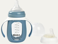 BEABA 2-In-1 Glass Baby Bottle to Glass Training Sippy Cup, Learning Cup, Baby Bottle with Soft Silicone Nipple and Sippy Spout, Baby, Toddler 7 Oz (Rain)