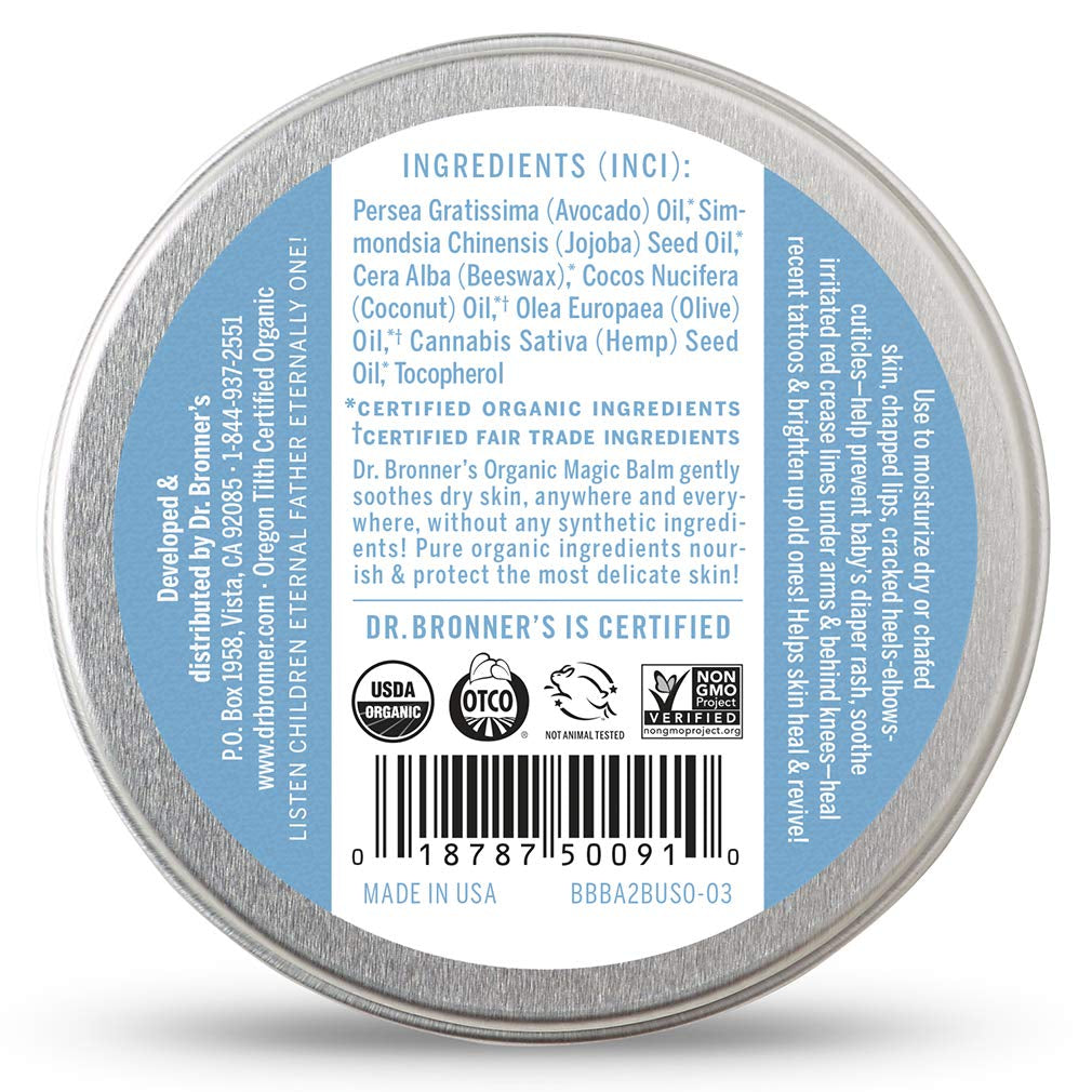 Dr. Bronner'S - Organic Magic Balm - Baby Unscented, Made with Organic Beeswax & Hemp Oil, Moisturizes & Soothes Hands, Face & Body (2 Oz, 2-Pack)