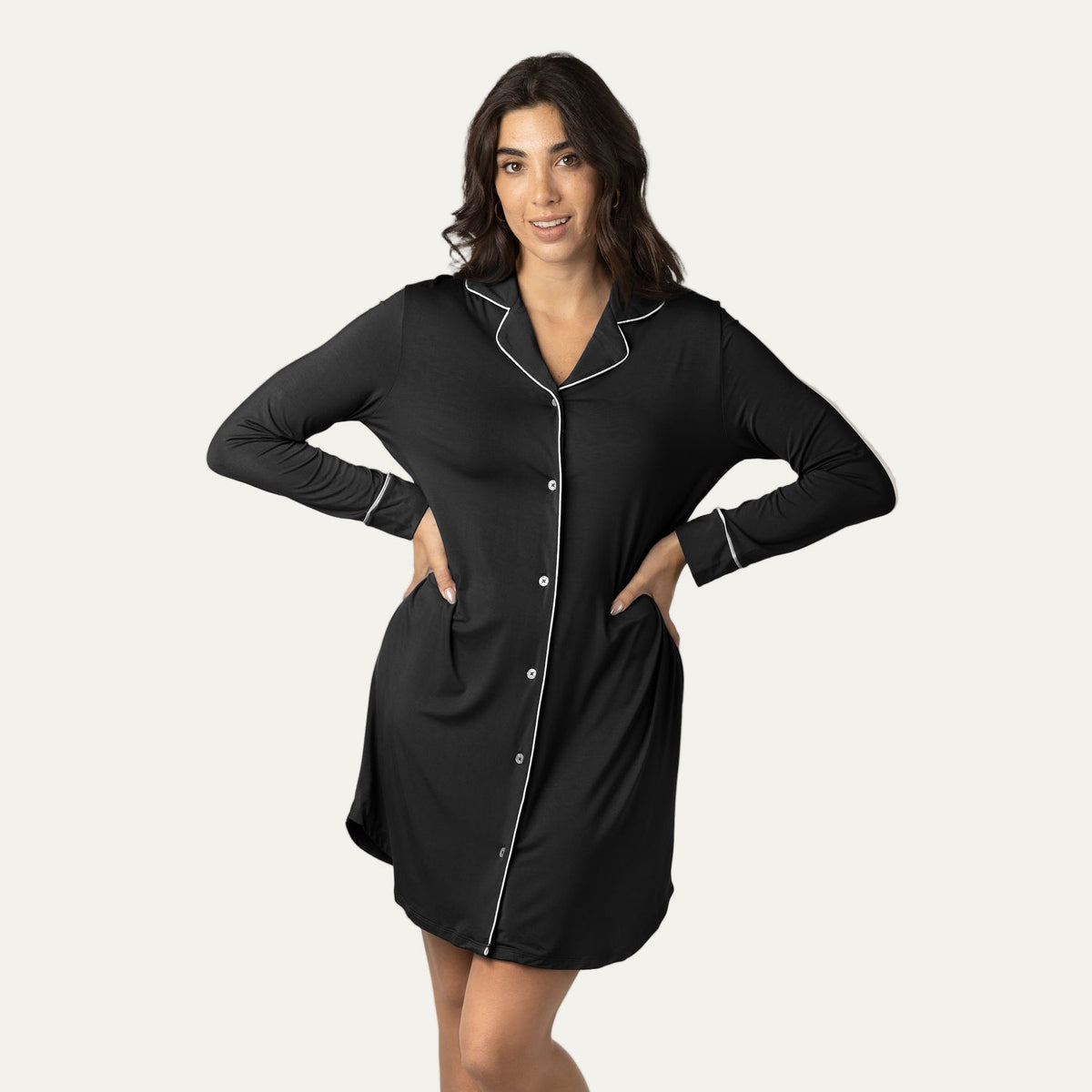 Clea Bamboo Long Sleeve Sleep Shirt | Black