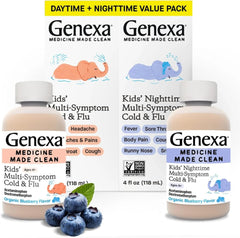 Genexa Kids' Multi-Symptom Cold & Flu Relief, Dye Free, 0% Artificial Additives, Children'S Liquid Pain, Fever and Cough Medicine, for Kids 4-11, Delicious Organic Blueberry Flavor, 4 Fl Oz