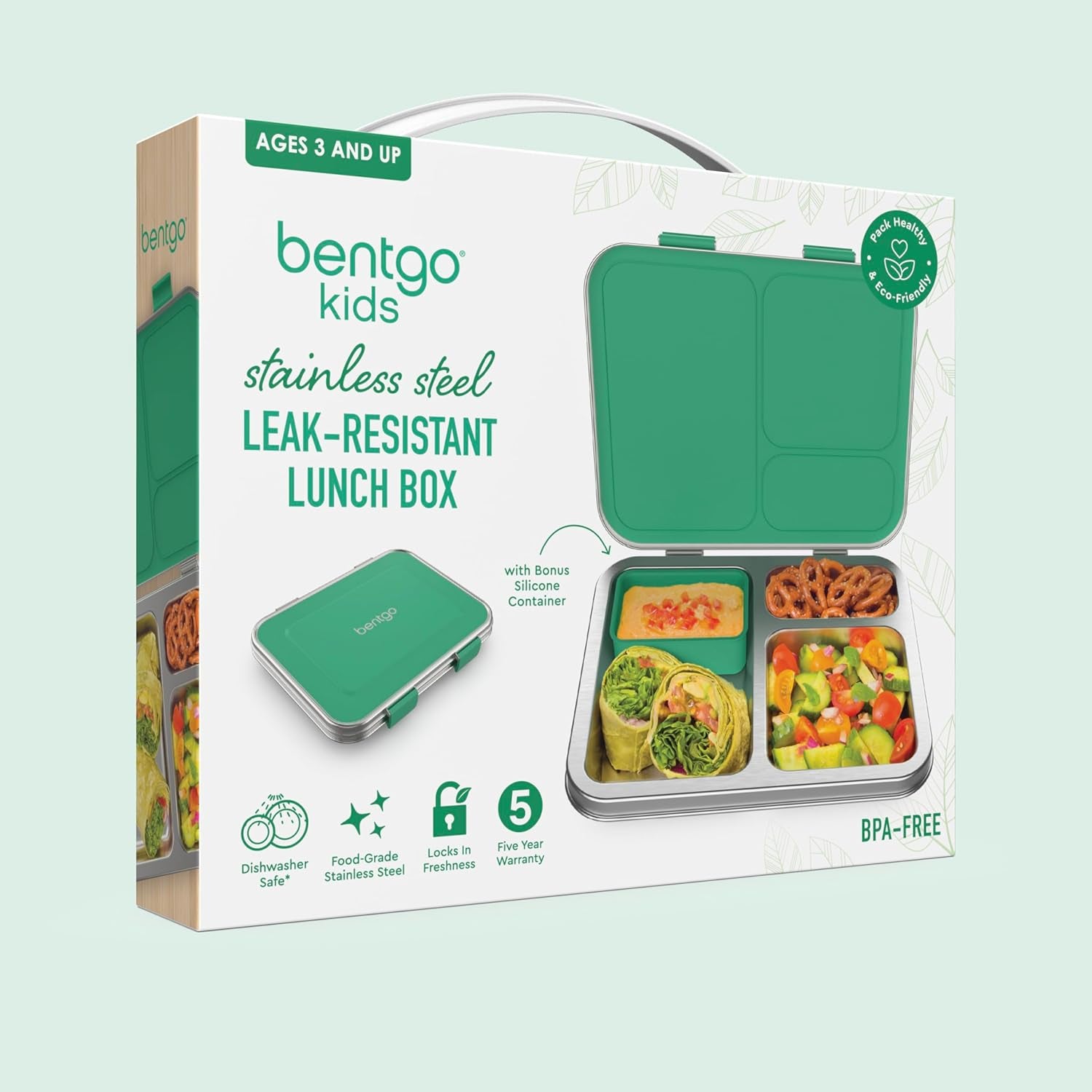 Bentgo Kids Stainless Steel Leak-Resistant Lunch Box - 3-Compartments with Bonus Silicone Container, Durable, Eco-Friendly, Dishwasher Safe, Bpa-Free, Ideal for School, Ages 3+ (Green)