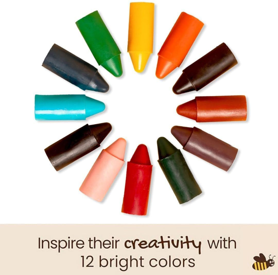 Honeysticks 100% Pure Beeswax Crayons (12 Pack) - Non-Toxic Crayons, Safe for Babies and Toddlers, for 1 Year Plus, Handmade in New Zealand with Natural Beeswax and Food-Grade Colors, Eco-Friendly.