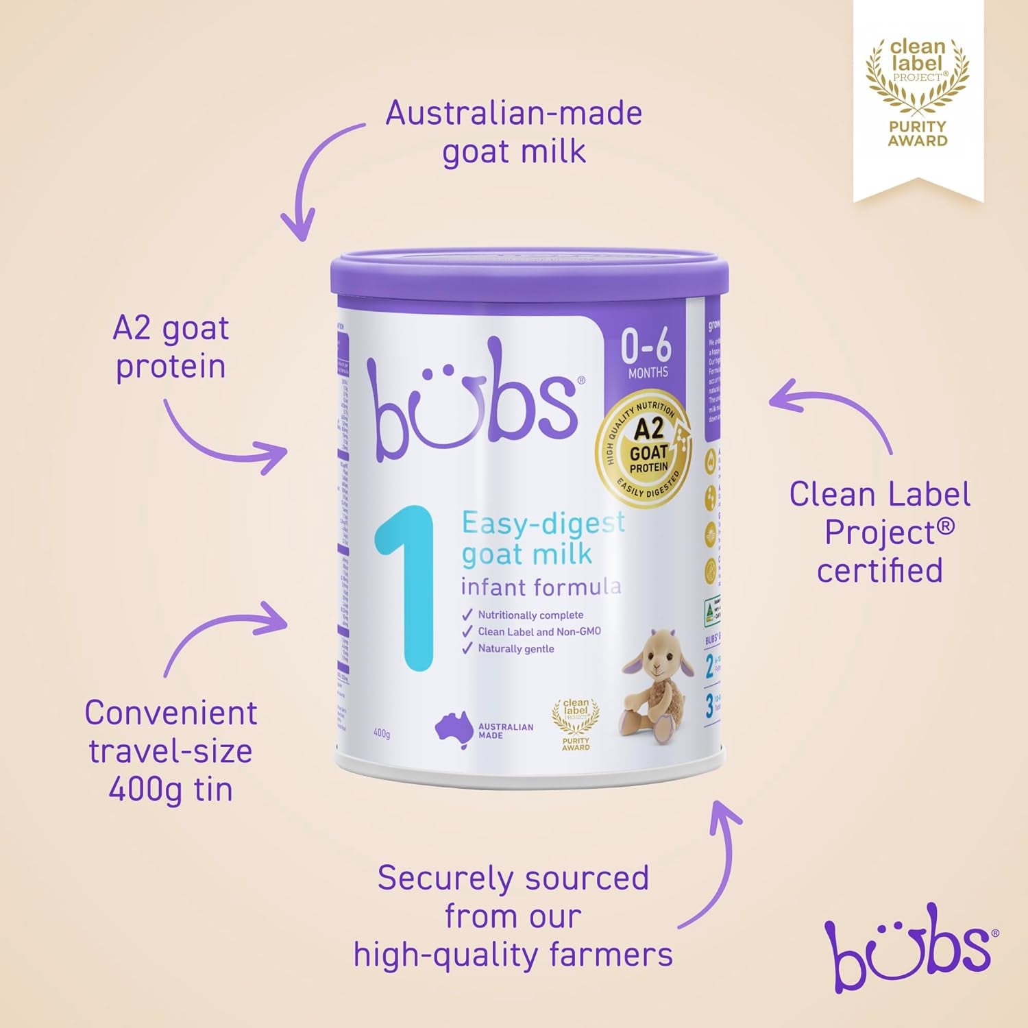 Bubs Goat Milk Infant Formula Stage 1, Made with Fresh Goat Milk, 14.1 Oz