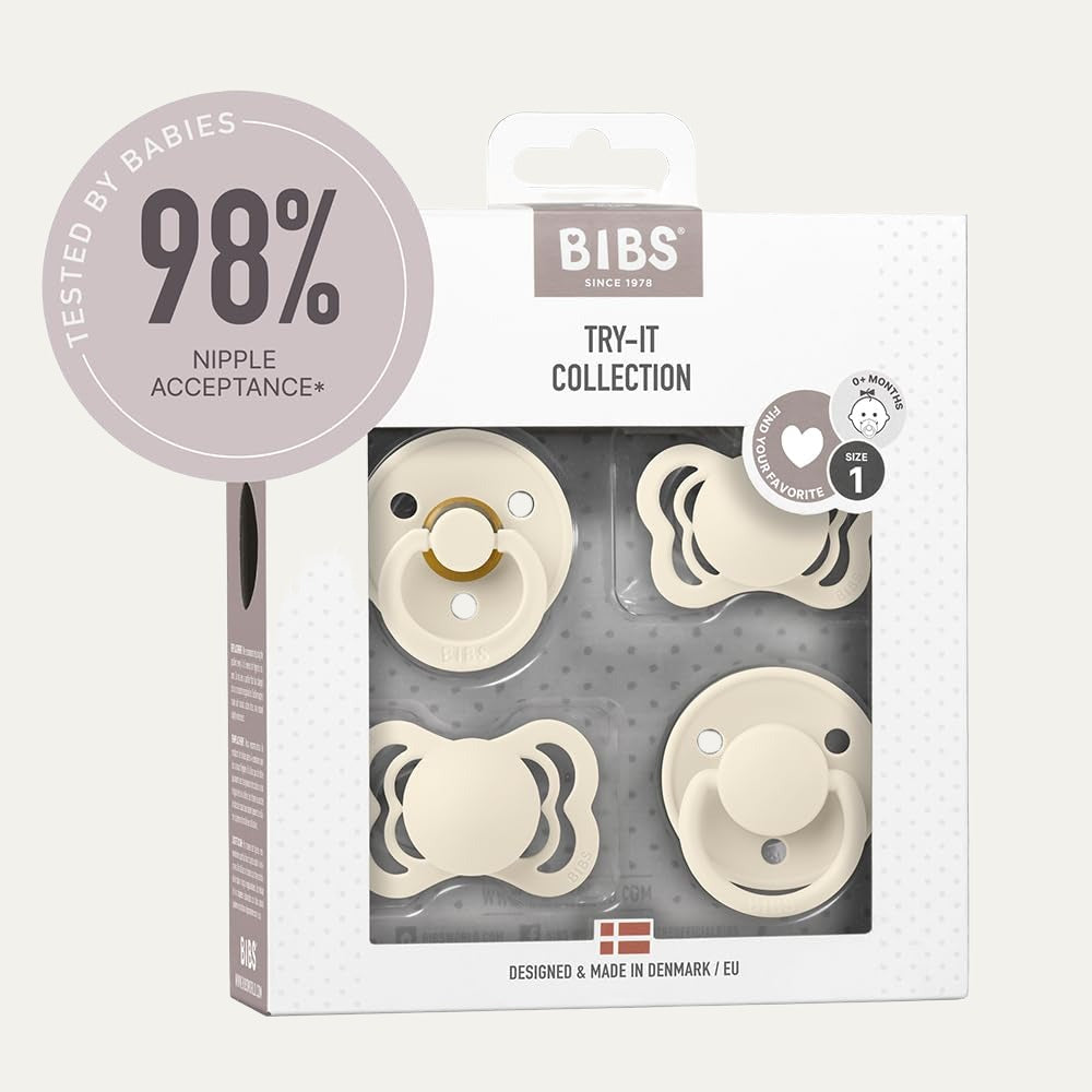 BIBS Pacifiers – Try-It Collection | Includes Colour, De Lux, Couture and Supreme Pacifiers | Bpa-Free Natural Rubber & Silicone | Made in Denmark | Ivory | 0 to 6 Months