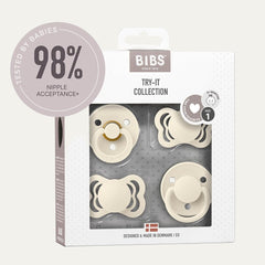 BIBS Pacifiers – Try-It Collection | Includes Colour, De Lux, Couture and Supreme Pacifiers | Bpa-Free Natural Rubber & Silicone | Made in Denmark | Ivory | 0 to 6 Months