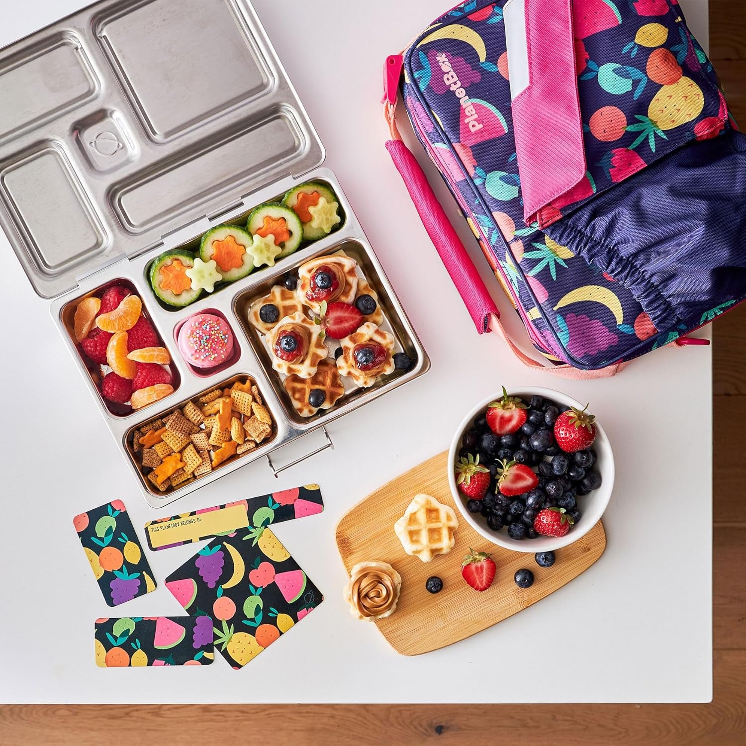 Planetbox Rover Stainless Steel Bento Box Style Lunch Box Kit for Kids with 5 Compartments – Tutti Frutti Edition Includes Insulated Lunch Bag, Leakproof Food Containers and Matching Magnets