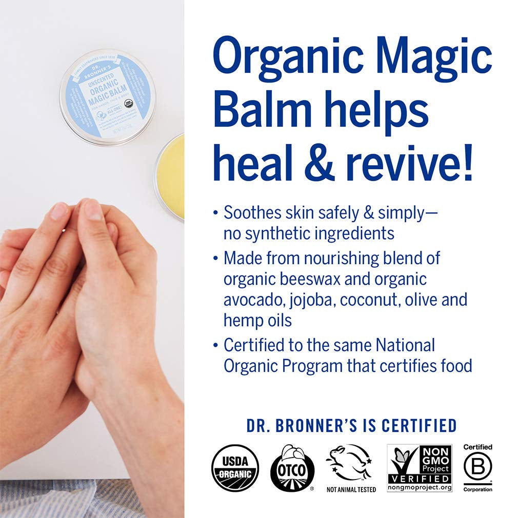 Dr. Bronner'S - Organic Magic Balm - Baby Unscented, Made with Organic Beeswax & Hemp Oil, Moisturizes & Soothes Hands, Face & Body (2 Oz, 2-Pack)