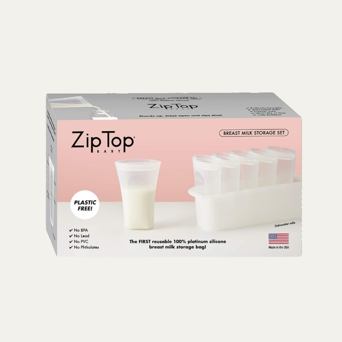 Zip Top Reusable 100% Platinum Silicone Breast Milk Storage, Made in the USA - Bag Set of 6 + Freezer Tray