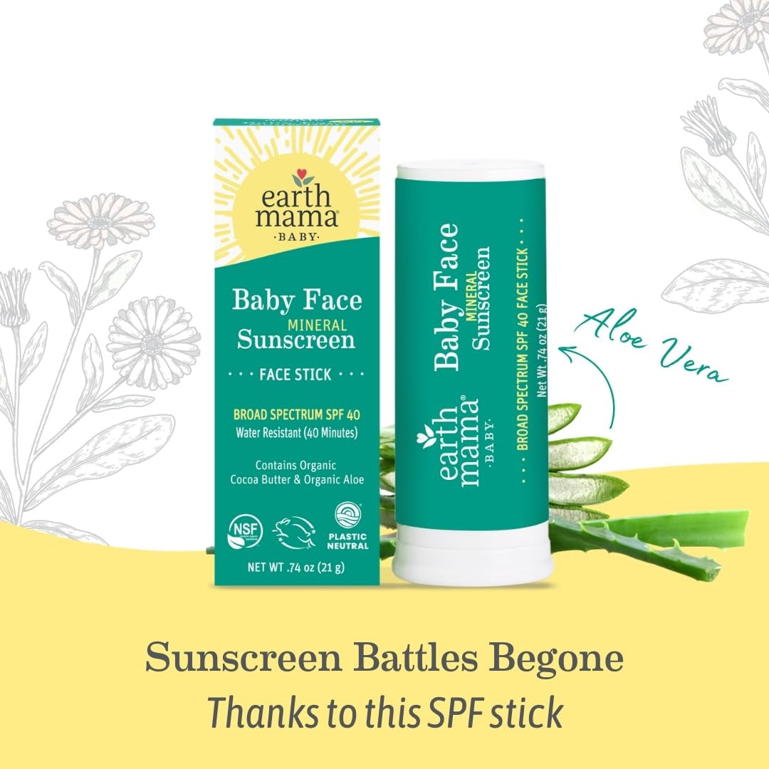 Earth Mama Baby Face Mineral Sunscreen Stick SPF 40 - (3 Pack) 0.74 Oz - Non-Nano Zinc - Broad Spectrum Sunscreen for Babies, Kids & Family - Water Resistant Sun Protection