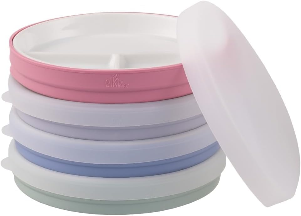 Elk and Friends Kids 6.7” Porcelain Divided Plates with Silicone Sleeves | Suitable for Babies/Kids/Toddlers | Microwave & Dishwasher Safe | Non Slip | Snack Dishes
