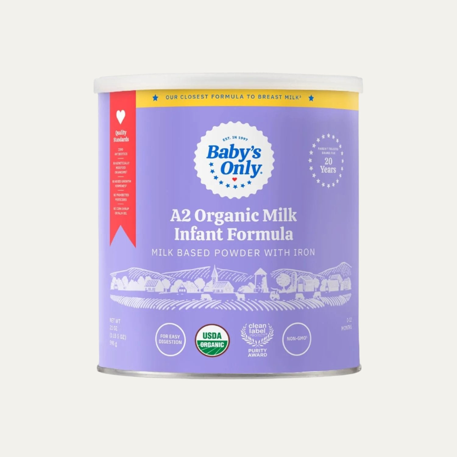 Baby'S Only A2 Organic Milk Infant Formula, A2 Milk Based Powder, Organic Baby Formula with A2 Beta-Casein Protein, Iron, Vitamin E, Vitamin D, Easy to Digest, Newborn to 12 Months Old, 21 Oz, 1 Pack