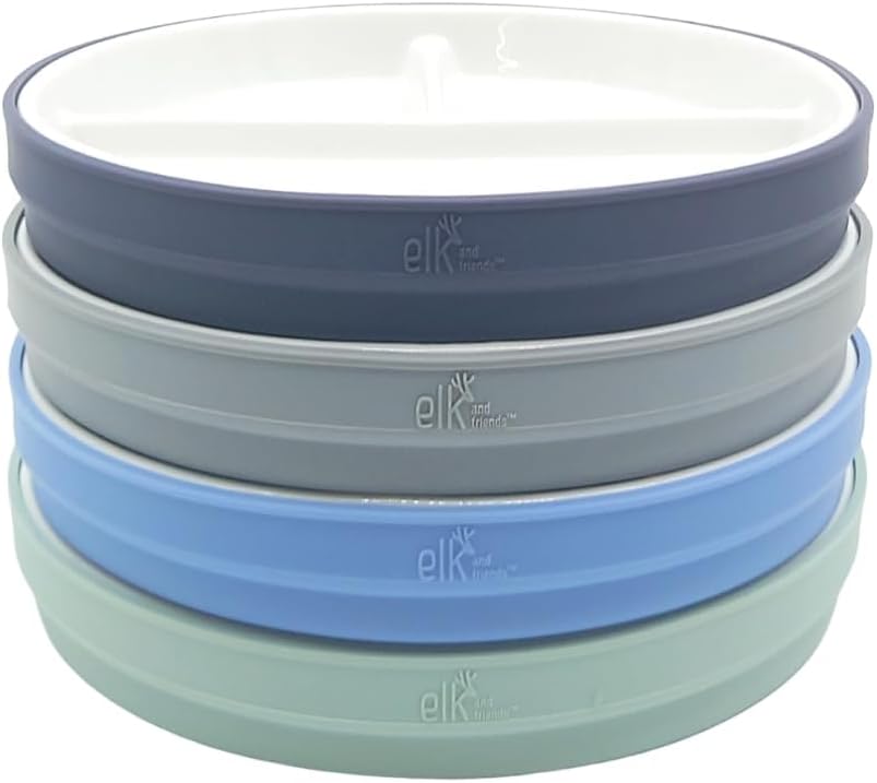 Elk and Friends Kids 6.7” Porcelain Divided Plates with Silicone Sleeves | Suitable for Babies/Kids/Toddlers | Microwave & Dishwasher Safe | Non Slip | Snack Dishes