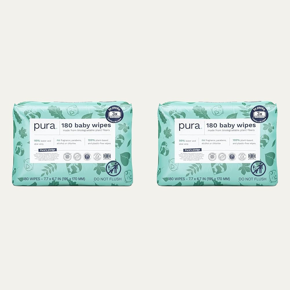 Baby Wipes 3 X 60 per Pack (180 Wipes) 100% Plastic-Free & Plant Based Wipes, 99% Water, Suitable for Sensitive & Eczema-Prone Skin, Fragrance Free & Hypoallergenic, EWG, Cruelty Free (Pack of 2)