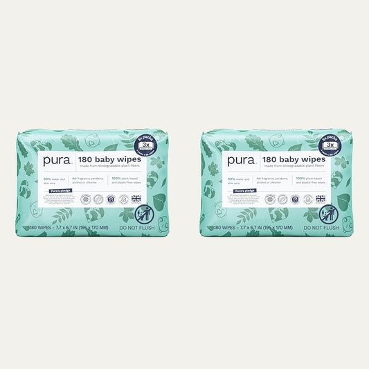 Baby Wipes 3 X 60 per Pack (180 Wipes) 100% Plastic-Free & Plant Based Wipes, 99% Water, Suitable for Sensitive & Eczema-Prone Skin, Fragrance Free & Hypoallergenic, EWG, Cruelty Free (Pack of 2)