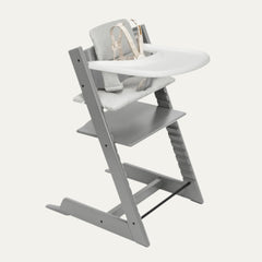 Stokke Tripp Trapp High Chair 2 (Natural), Cushion 2 (Nordic Grey) + Stokke Tray (White) - Includes Chair + Baby Set with Removable Harness for Children 6-36 Months