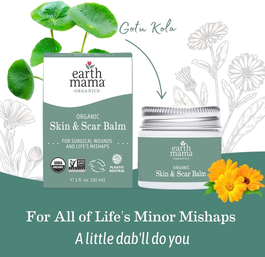 Earth Mama Organic Skin & Scar Balm |C-Section Recovery Skin Care, Pregnancy Stretch Mark Scar Cream with Organic Jojoba Oil, Tamanu Oil & Gotu Kola