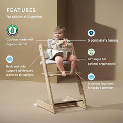 Stokke Tripp Trapp High Chair 2 (Natural), Cushion 2 (Nordic Grey) + Stokke Tray (White) - Includes Chair + Baby Set with Removable Harness for Children 6-36 Months