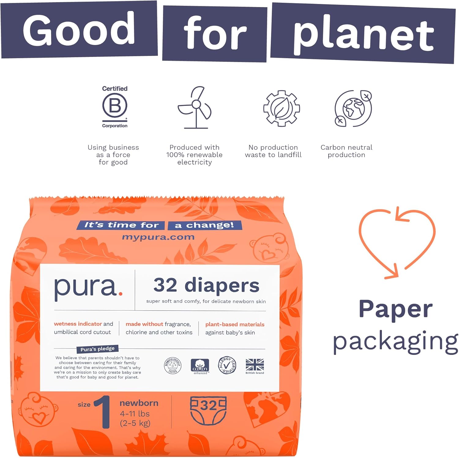 Pura Hypoallergenic Diapers, Size 1 (4-11 Lbs), Newborn, Totally Chlorine Free, Wetness Indicator, Suitable for Sensitive Skin, Soft Organic Cotton Comfort, Overnight, 1 Pack of 32 Baby Diapers