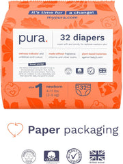 Pura Hypoallergenic Diapers, Size 1 (4-11 Lbs), Newborn, Totally Chlorine Free, Wetness Indicator, Suitable for Sensitive Skin, Soft Organic Cotton Comfort, Overnight, 1 Pack of 32 Baby Diapers