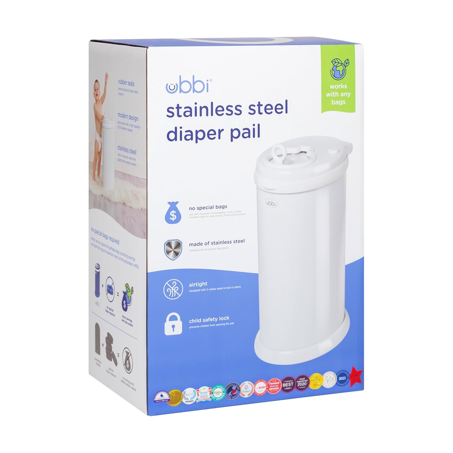 Ubbi Steel Diaper Pail, Odor Locking, No Special Bag Required, Award-Winning, Registry Must-Have, White
