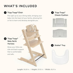 Stokke Tripp Trapp High Chair 2 (Natural), Cushion 2 (Nordic Grey) + Stokke Tray (White) - Includes Chair + Baby Set with Removable Harness for Children 6-36 Months