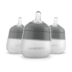 Nanobébé Flexy Silicone Baby Bottle, Anti-Colic, Natural Feel, Non-Collapsing Nipple, Non-Tip Stable Base, Easy to Clean, 3-Pack, Gray, 9Oz