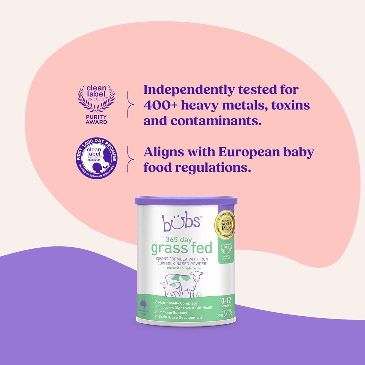 Bubs 365 Day Grass Fed Infant Formula with Iron, Cow Milk-Based Powder for Infants 0-12 Months, Made with Non-Gmo Milk, 20 Oz