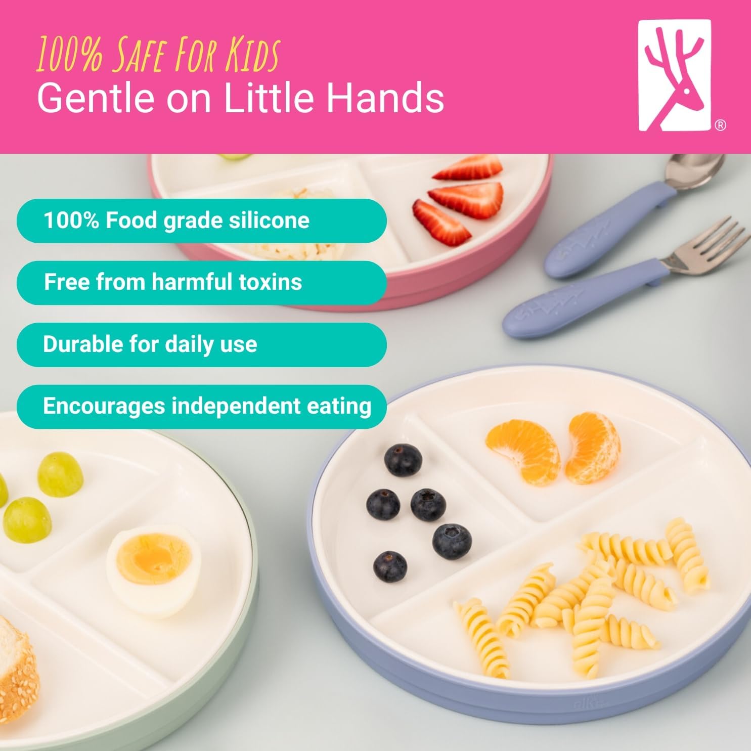 Elk and Friends Kids 6.7” Porcelain Divided Plates with Silicone Sleeves | Suitable for Babies/Kids/Toddlers | Microwave & Dishwasher Safe | Non Slip | Snack Dishes