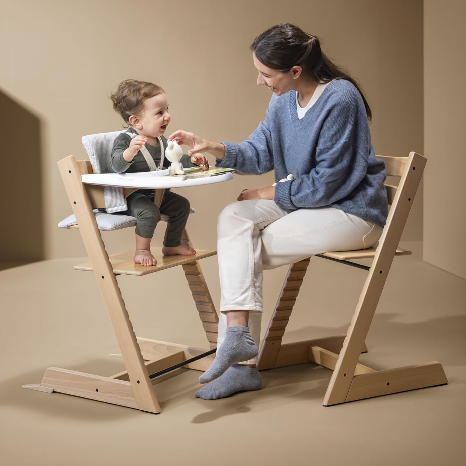 Stokke Tripp Trapp High Chair 2 (Natural), Cushion 2 (Nordic Grey) + Stokke Tray (White) - Includes Chair + Baby Set with Removable Harness for Children 6-36 Months