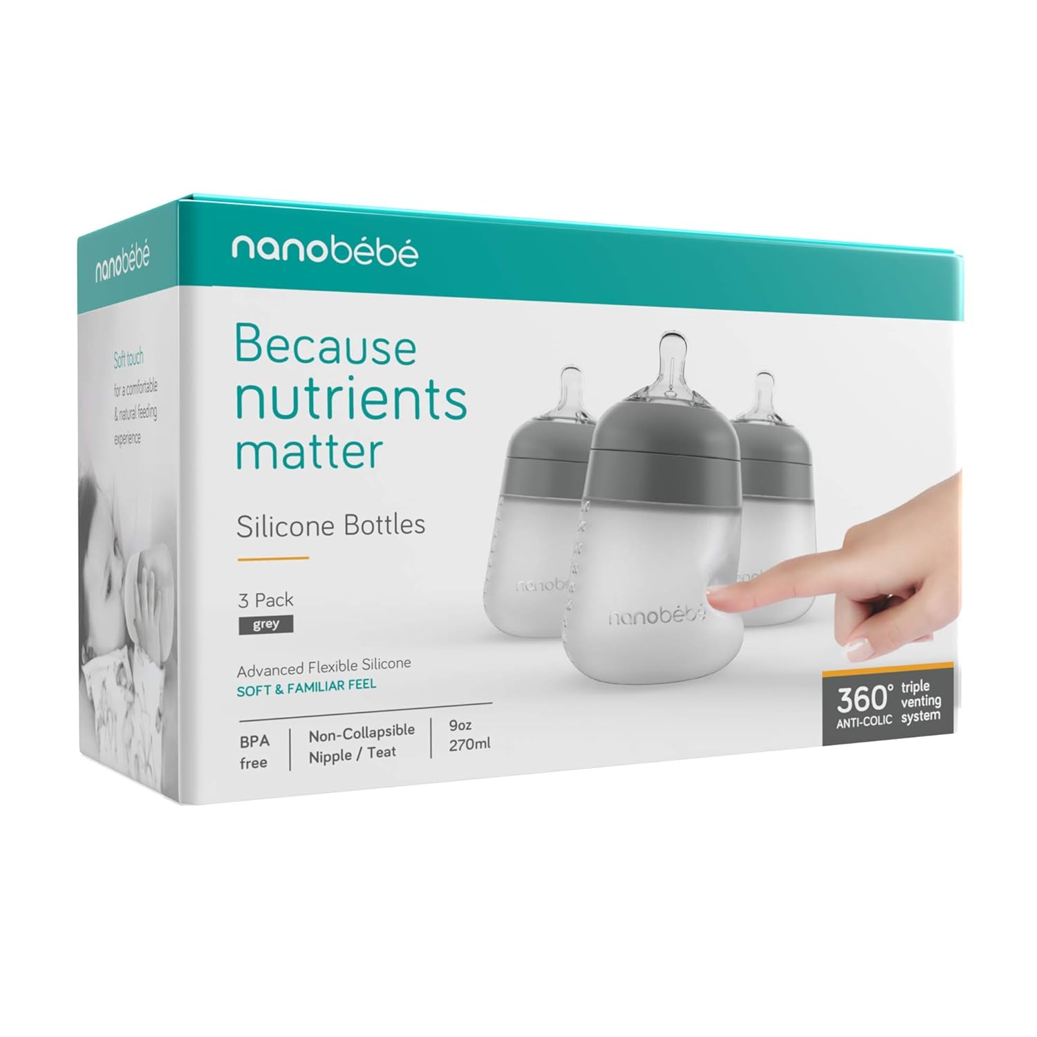 Nanobébé Flexy Silicone Baby Bottle, Anti-Colic, Natural Feel, Non-Collapsing Nipple, Non-Tip Stable Base, Easy to Clean, 3-Pack, Gray, 9Oz