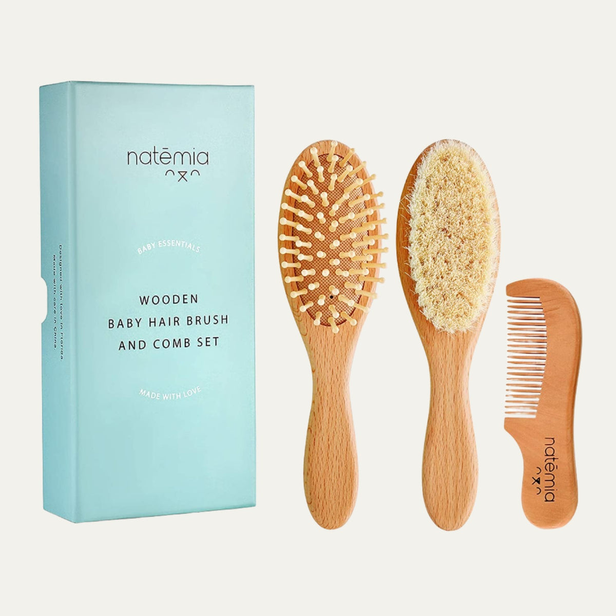 Natemia Premium Wooden Baby Hair Brush and Comb Set – Natural Soft Bristles – Ideal for Cradle Cap - Perfect Baby Registry Gift