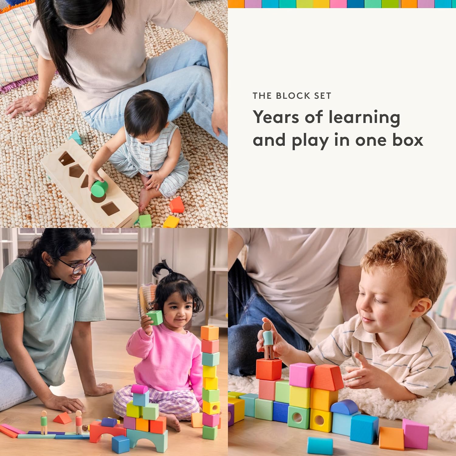 LOVEVERY | the Block Set | Solid Wood Building Blocks and Shapes + Wooden Storage Box, 70 Pieces, 18 Colors, 20+ Activities, Toddler Block Set and Converts into a Pull Car, Ages 12 to 48+ Months