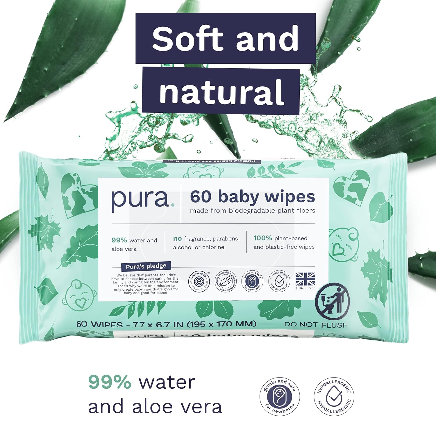 Baby Wipes 3 X 60 per Pack (180 Wipes) 100% Plastic-Free & Plant Based Wipes, 99% Water, Suitable for Sensitive & Eczema-Prone Skin, Fragrance Free & Hypoallergenic, EWG, Cruelty Free (Pack of 2)