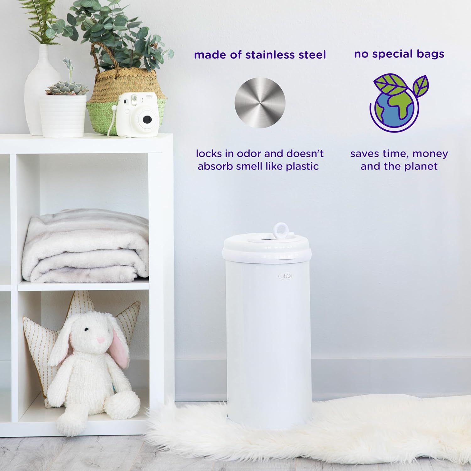 Ubbi Steel Diaper Pail, Odor Locking, No Special Bag Required, Award-Winning, Registry Must-Have, White