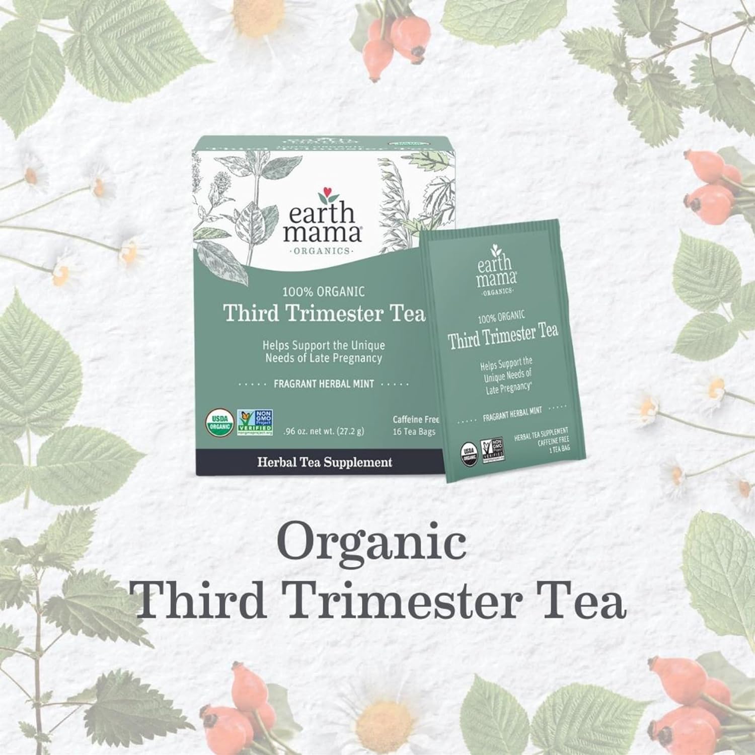 Earth Mama Organic Third Trimester Tea Bags | 100% USDA Organic Herbal Tea for Late Pregnancy Comfort + Childbirth Preparation, 16 Teabags per Box (2-Pack)