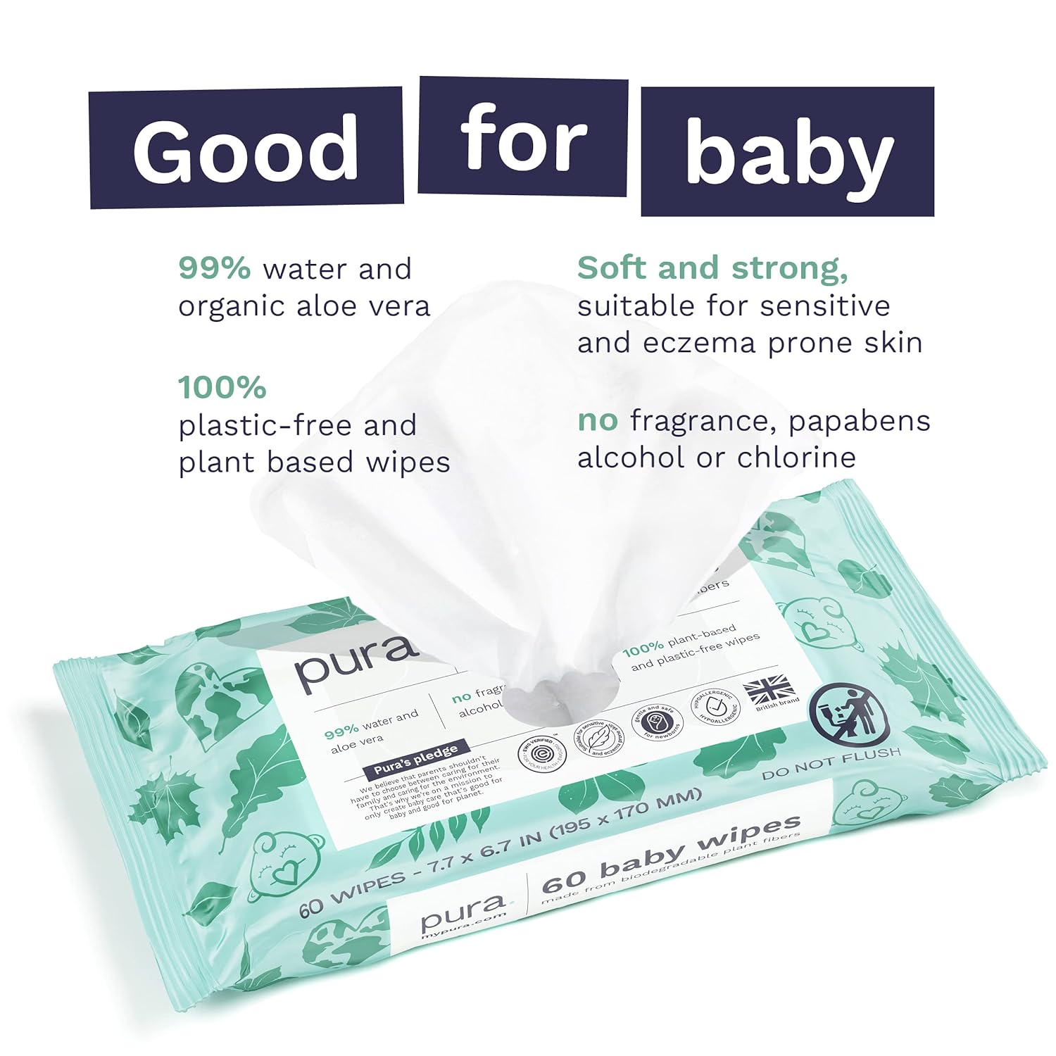 Baby Wipes 3 X 60 per Pack (180 Wipes) 100% Plastic-Free & Plant Based Wipes, 99% Water, Suitable for Sensitive & Eczema-Prone Skin, Fragrance Free & Hypoallergenic, EWG, Cruelty Free (Pack of 2)