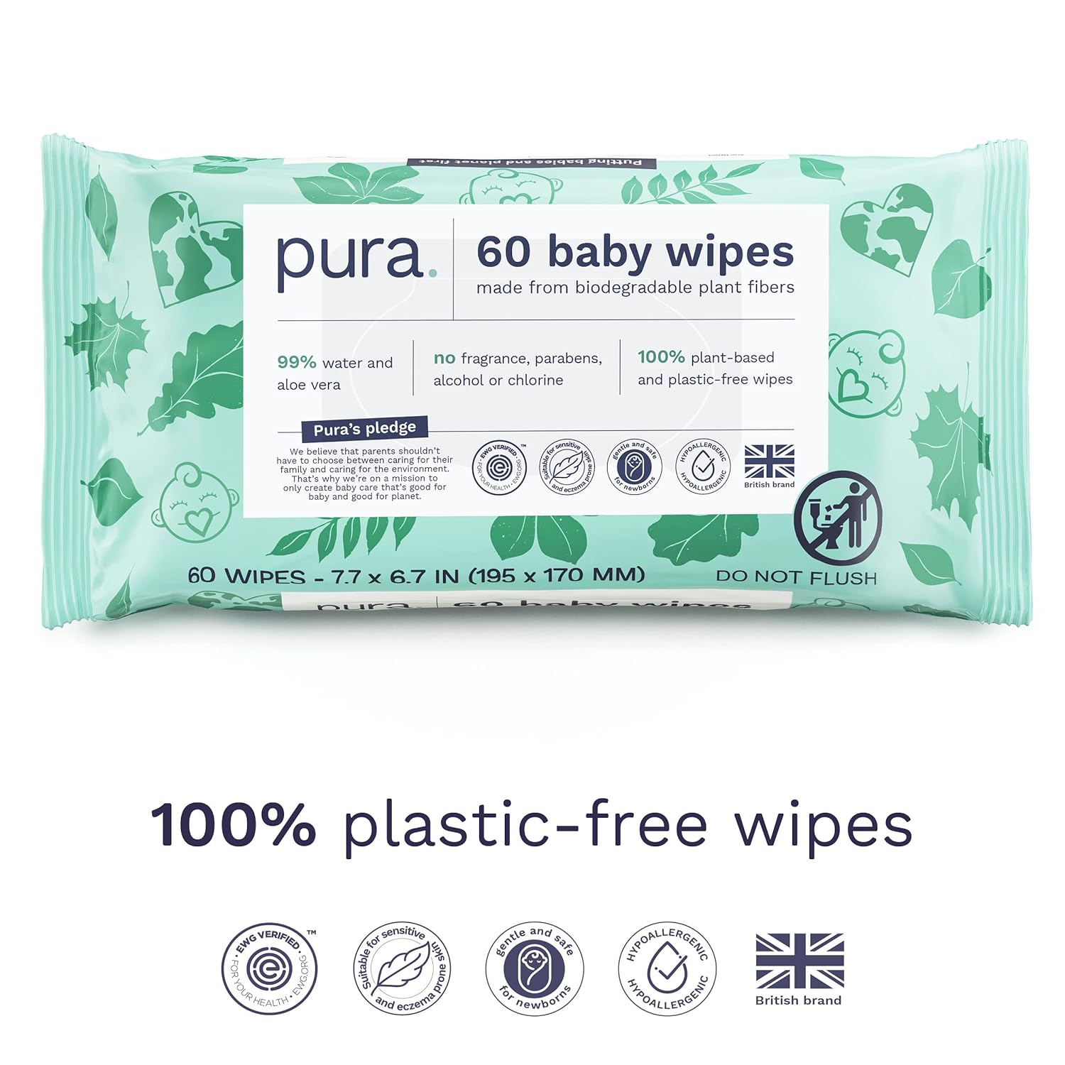 Baby Wipes 3 X 60 per Pack (180 Wipes) 100% Plastic-Free & Plant Based Wipes, 99% Water, Suitable for Sensitive & Eczema-Prone Skin, Fragrance Free & Hypoallergenic, EWG, Cruelty Free (Pack of 2)