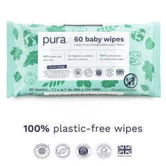 Baby Wipes 3 X 60 per Pack (180 Wipes) 100% Plastic-Free & Plant Based Wipes, 99% Water, Suitable for Sensitive & Eczema-Prone Skin, Fragrance Free & Hypoallergenic, EWG, Cruelty Free (Pack of 2)